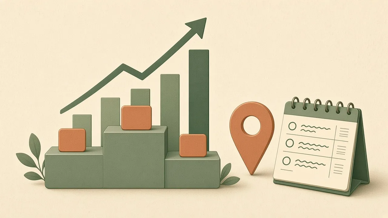 Best rank tracker tools: rising rankings chart, podium, map pin and daily calendar