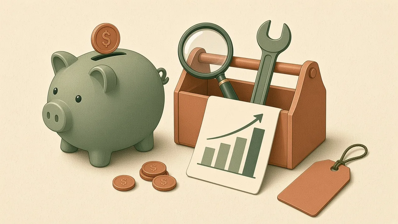 Cheap SEO tools: piggy bank, small toolbox and a rising chart card