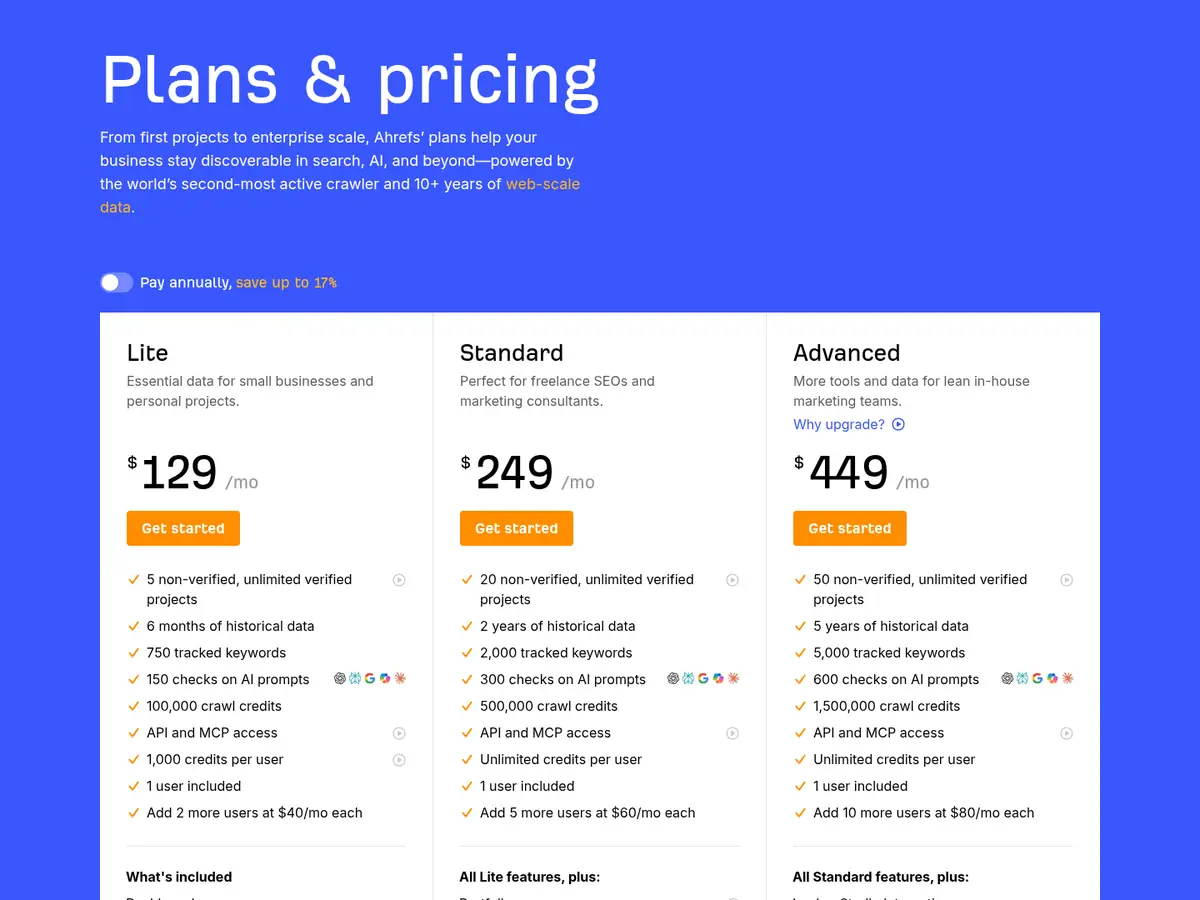 Ahrefs pricing page showing the Lite plan at $129, Standard at $249 and Advanced at $449 per month
