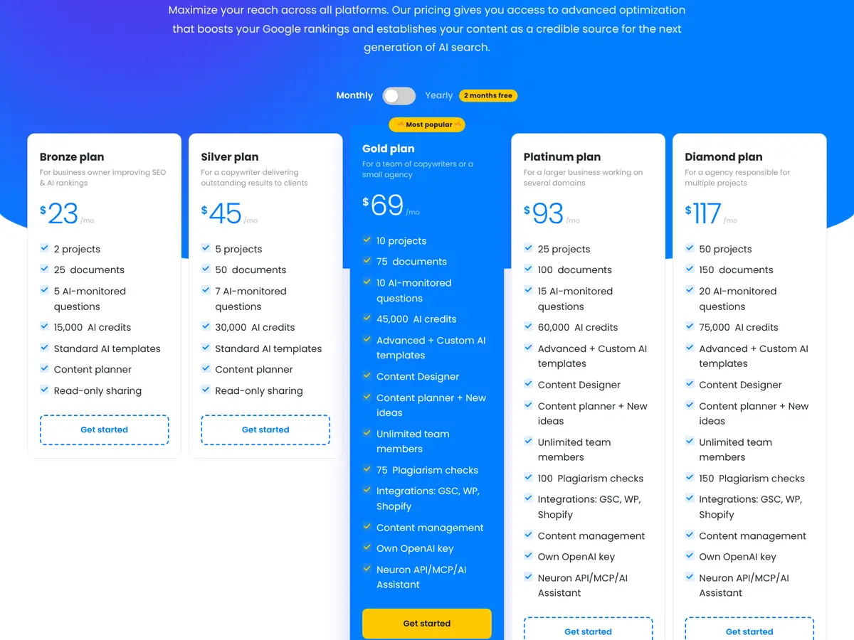 NeuronWriter pricing page showing Bronze at $23, Silver at $45, Gold at $69, Platinum at $93 and Diamond at $117 per month