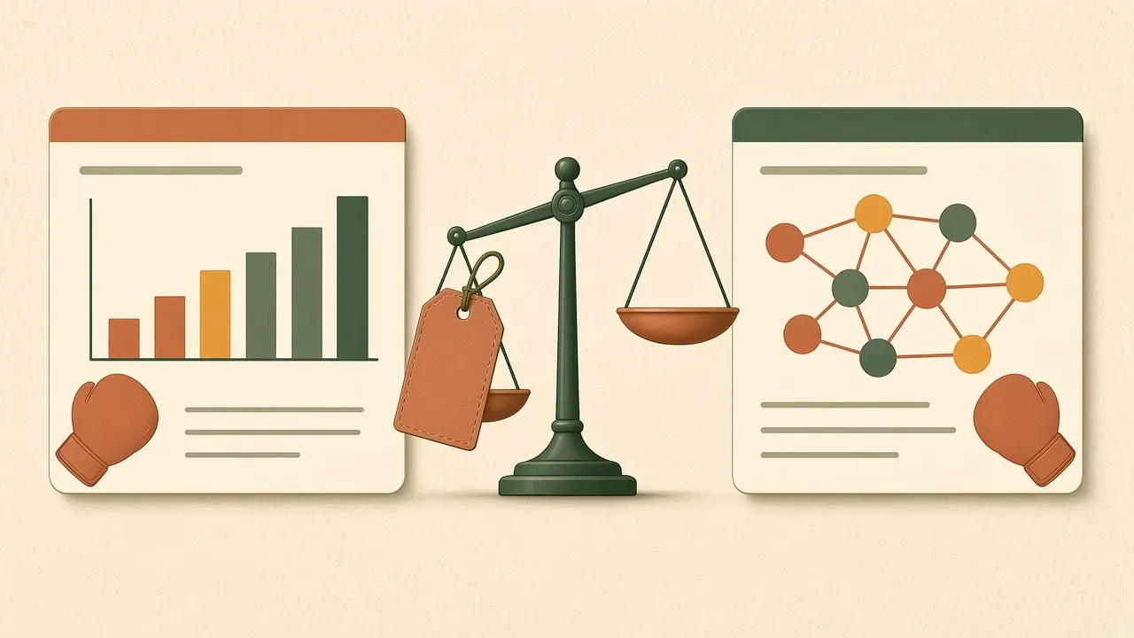 Semrush vs Ahrefs comparison: keyword chart vs backlink network on a balance scale